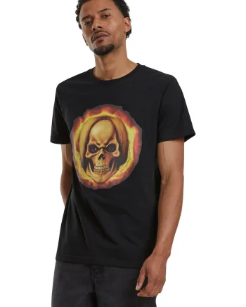 Tricou cu imprimeu grafic si decolteu la baza gatului, Galben/Negru stins/Portocaliu inchis
