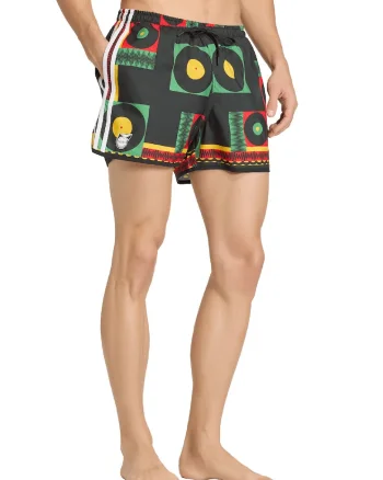 Pantaloni scurti cu talie ajustabila si model, pentru inot, Verde/Negru/Galben