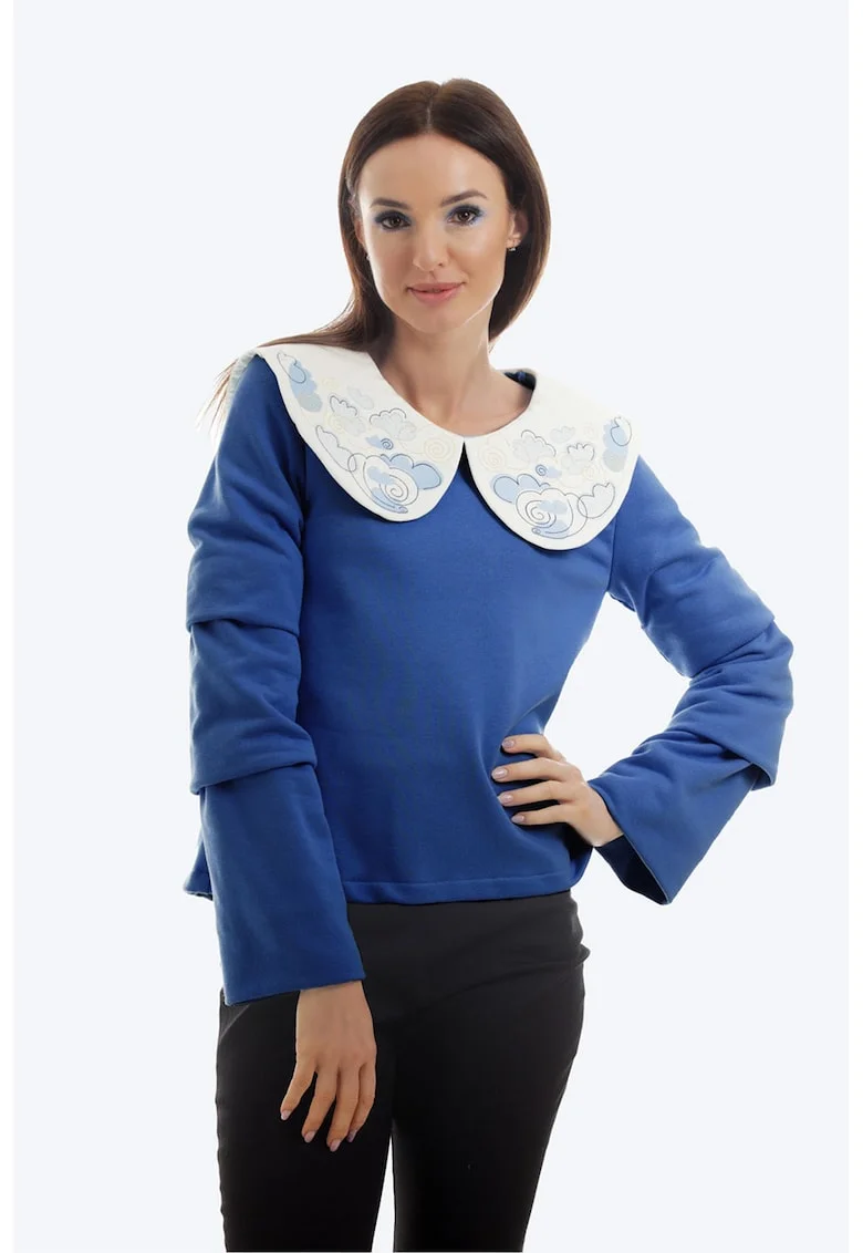 Bluza de bumbac cu guler Baby Doll, Alb/Albastru inchis