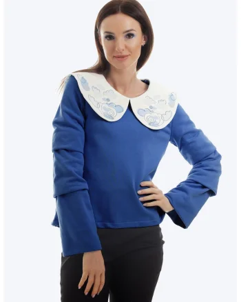 Bluza de bumbac cu guler Baby Doll, Alb/Albastru inchis