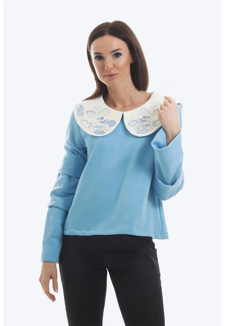 Bluza de bumbac cu guler Baby Doll, Alb/Albastru pastel