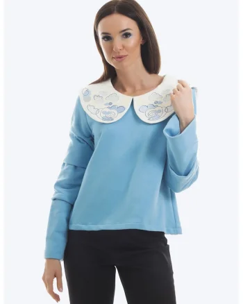 Bluza de bumbac cu guler Baby Doll, Alb/Albastru pastel