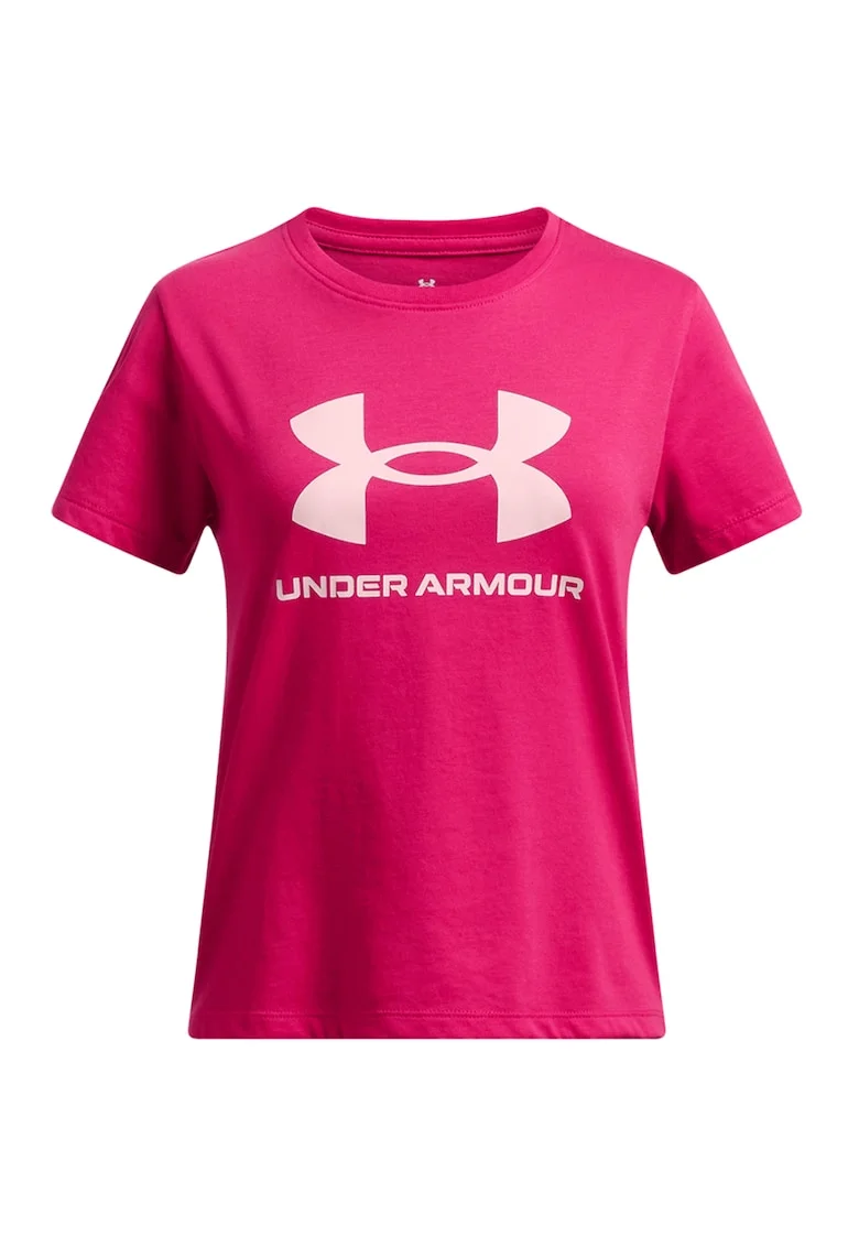 Tricou cu decolteu la baza gatului si imprimeu logo, Fucsia