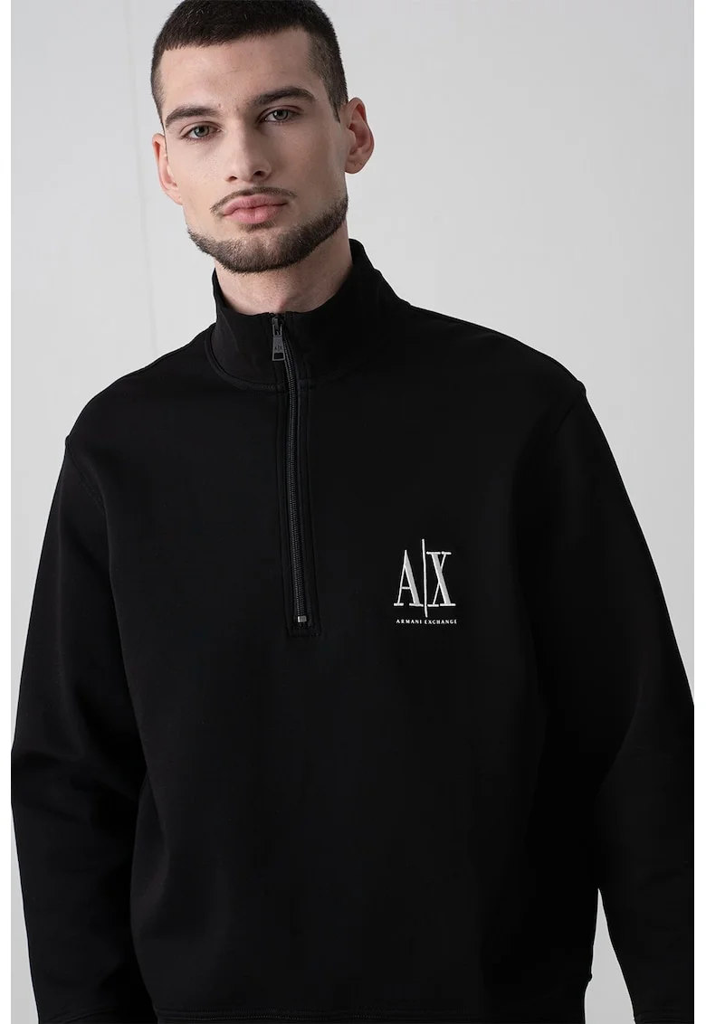 Bluza de trening cu logo brodat si fermoar scurt, Negru