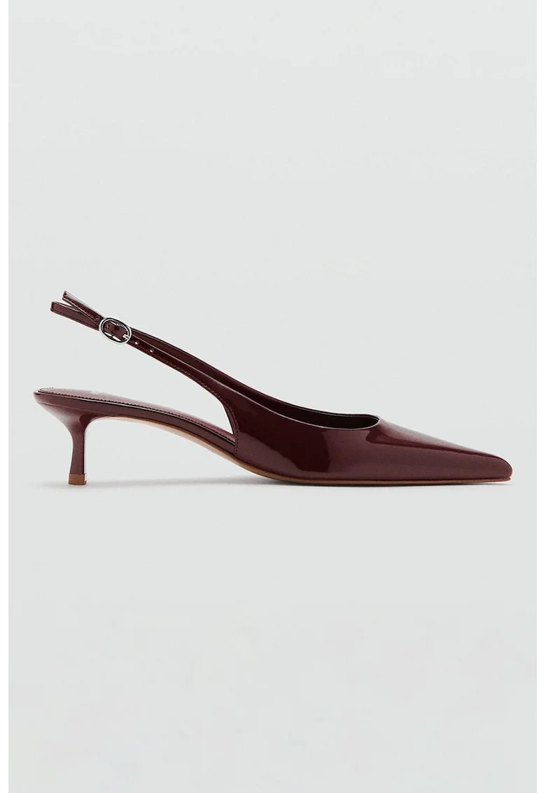 Pantofi de piele lacuita cu toc kitten, Maro pamantiu