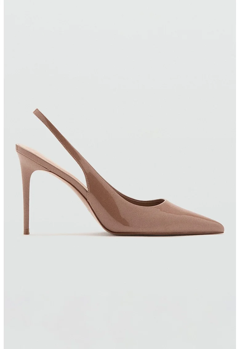 Pantofi slingback de piele lacuita cu varf ascutit, Maro deschis