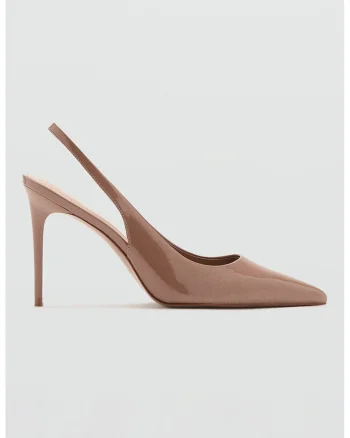 Pantofi slingback de piele lacuita cu varf ascutit, Maro deschis