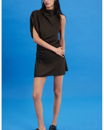 Rochie mini cu decolteu pe un umar, Maro pamantiu