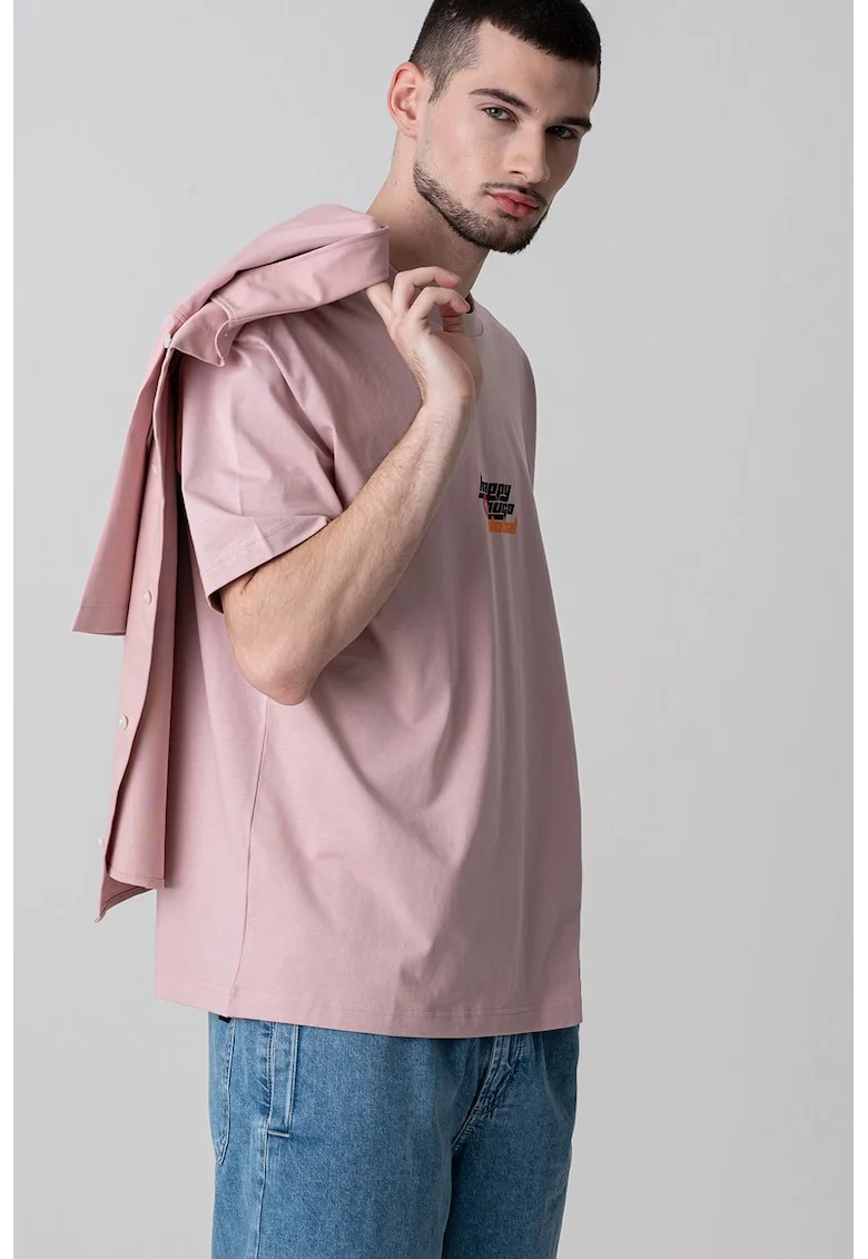 Tricou cu logo si decolteu la baza gatului, Roz prafuit
