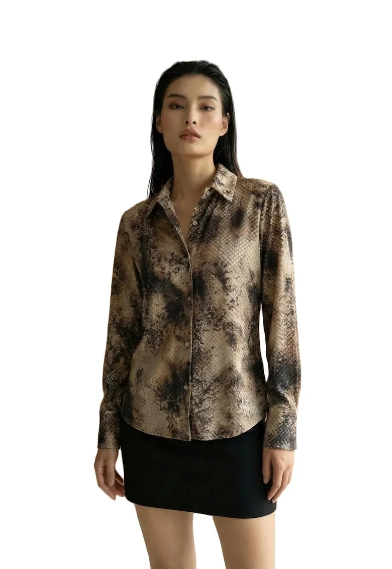 Camasa dama,  regular fit, imprimeu sarpe, negru/bej, bumbac-poliester