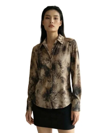 Camasa dama,  regular fit, imprimeu sarpe, negru/bej, bumbac-poliester