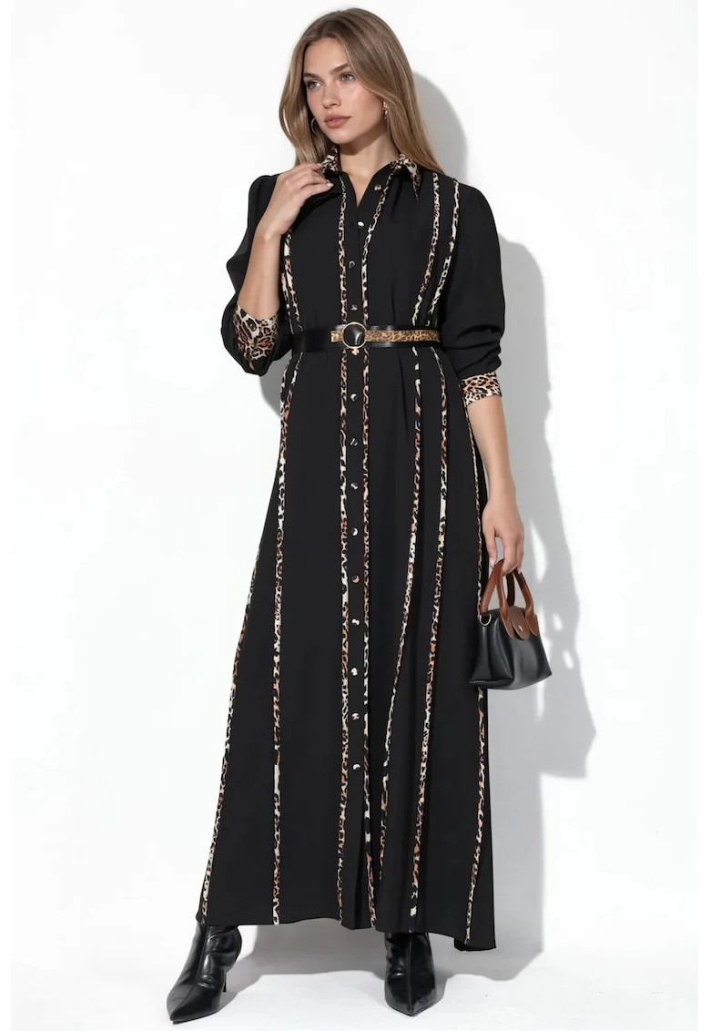 Rochie camasa Maxi,  imprimeu leopard, negru, maneca lunga, poliester
