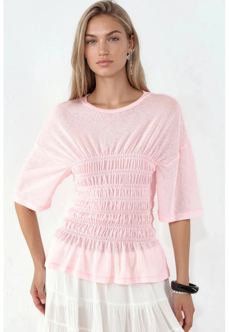 Bluza dama,  bluza din crep cu volane, roz pudra, 100% poliester
