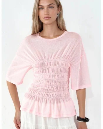 Bluza dama,  bluza din crep cu volane, roz pudra, 100% poliester