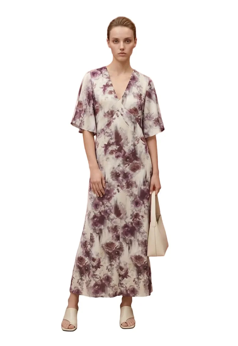 Rochie Midi  decolteu in V, ecru violet, poliester