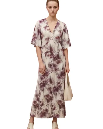 Rochie Midi  decolteu in V, ecru violet, poliester