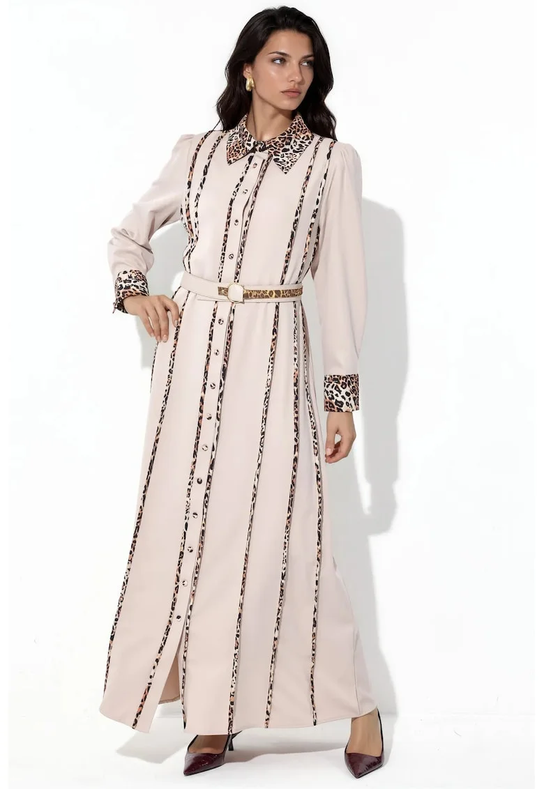 Rochie Camasa Maxi,  imprimeu leopard, casual, bej natural, poliester-lycra
