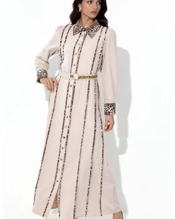 Rochie Camasa Maxi,  imprimeu leopard, casual, bej natural, poliester-lycra