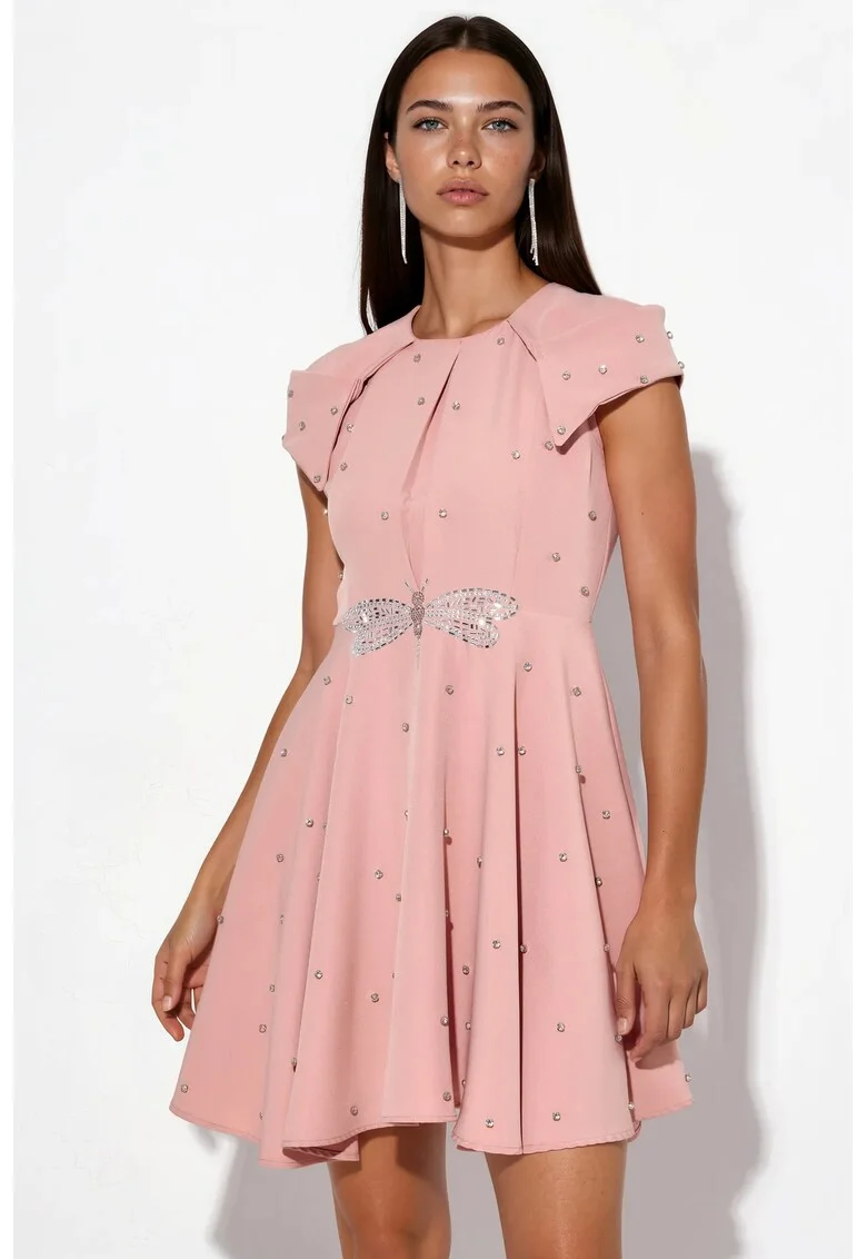 Rochie Mini A-line  eleganta, roz prafuit, cu paiete, din poliester si lycra