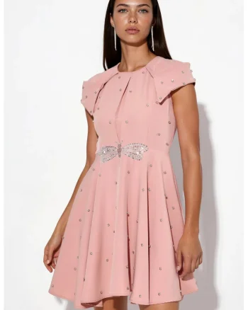 Rochie Mini A-line  eleganta, roz prafuit, cu paiete, din poliester si lycra