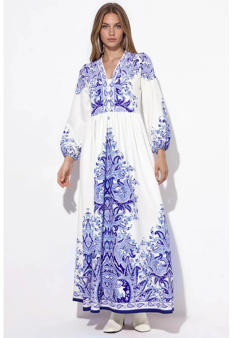 Rochie Maxi,  A-line, multicolor, poliester-lycra, imprimeu paisley, maneca lunga, decolteu in V, cu cordon