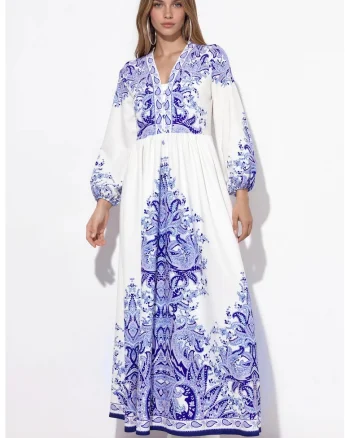 Rochie Maxi,  A-line, multicolor, poliester-lycra, imprimeu paisley, maneca lunga, decolteu in V, cu cordon