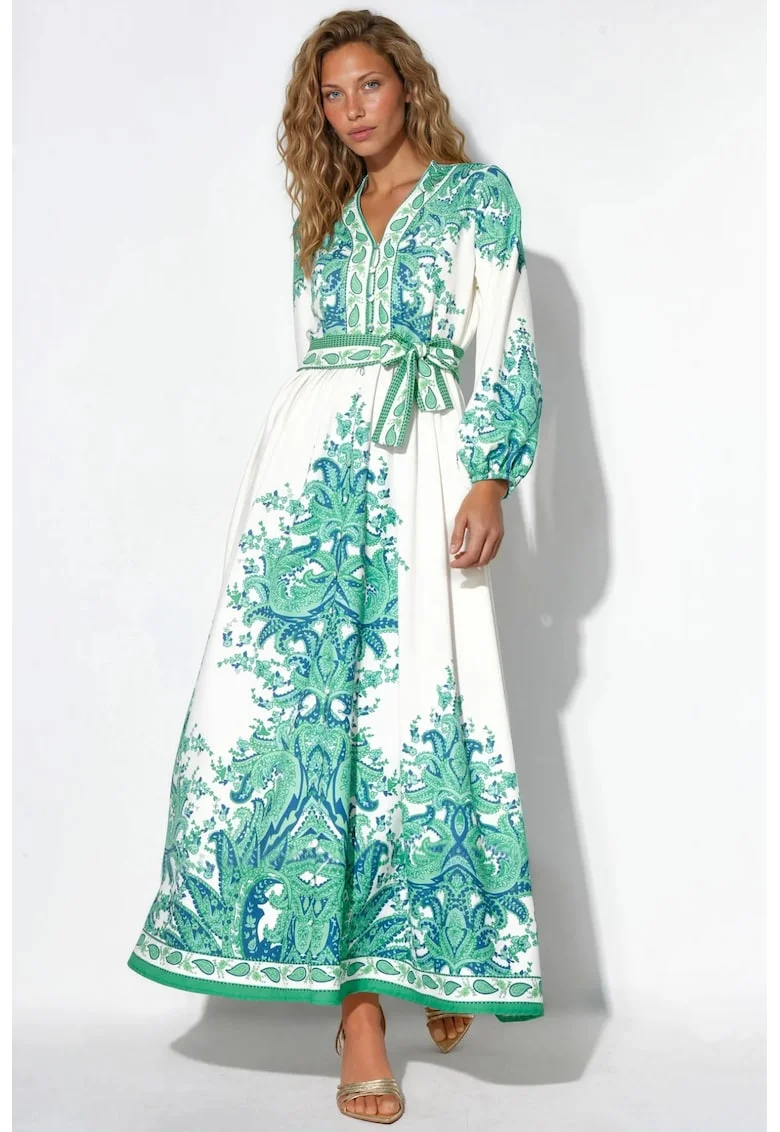 Rochie Maxi,  Albastru, Elegant, Imprimeu Paisley, Maneca lunga, Cordon