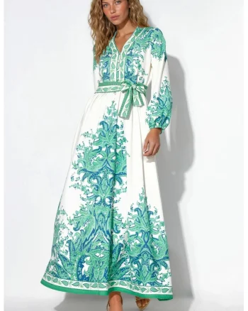 Rochie Maxi,  Albastru, Elegant, Imprimeu Paisley, Maneca lunga, Cordon