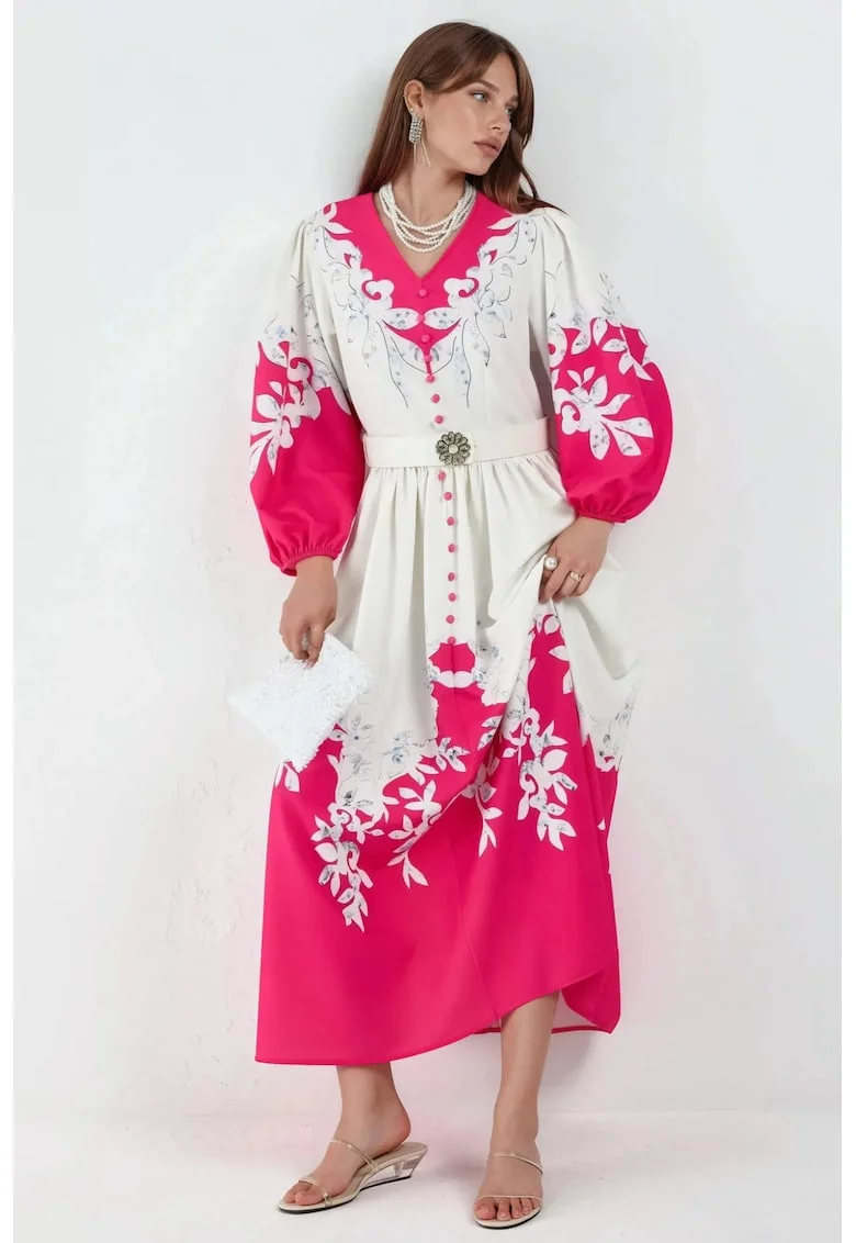 Rochie Maxi,  Floral, Alb, Maneca lunga, Decolteu in V, Nasturi