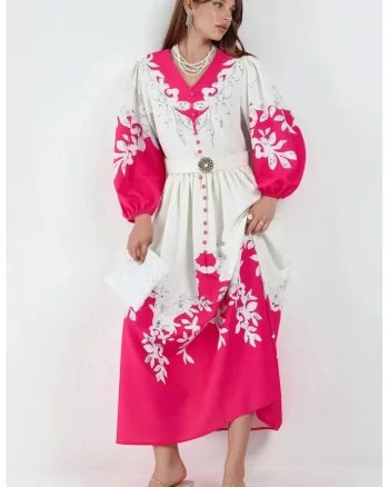 Rochie Maxi,  Floral, Alb, Maneca lunga, Decolteu in V, Nasturi