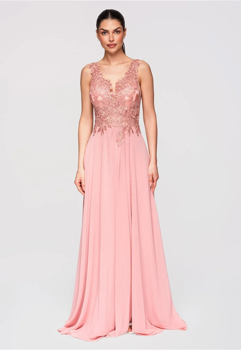 Rochie Maxi de Seara Eleganta cu Dantela si Croiala Ampla, Roz pal