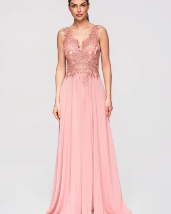 Rochie Maxi de Seara Eleganta cu Dantela si Croiala Ampla, Roz pal