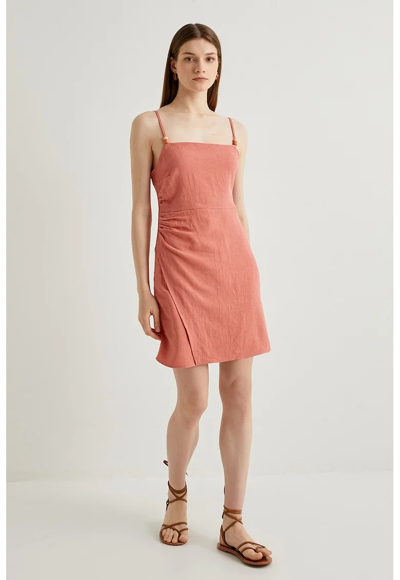 Rochie din amestec de in cu decolteu patrat, Roz somon