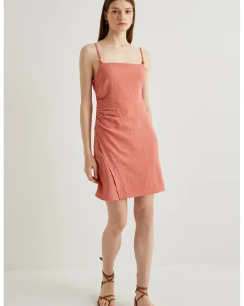 Rochie din amestec de in cu decolteu patrat, Roz somon