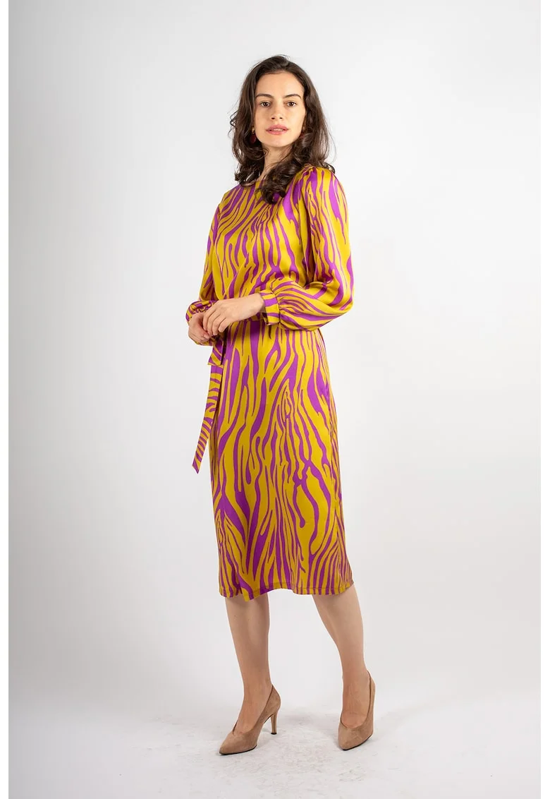 Rochie midi cu animal print Trinity, Violet/Galben mustar