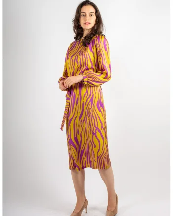 Rochie midi cu animal print Trinity, Violet/Galben mustar