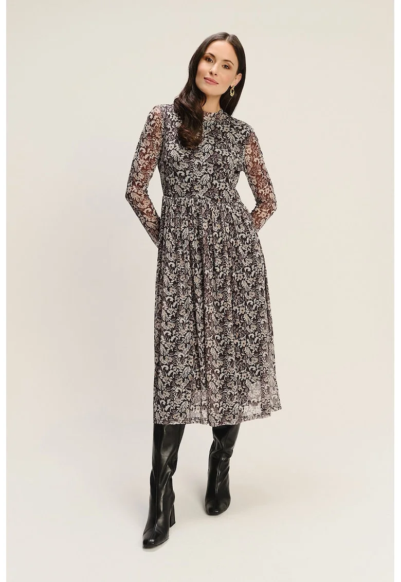 Rochie midi din amestec de modal cu model floral, Maro inchis/Bej inchis/Crem