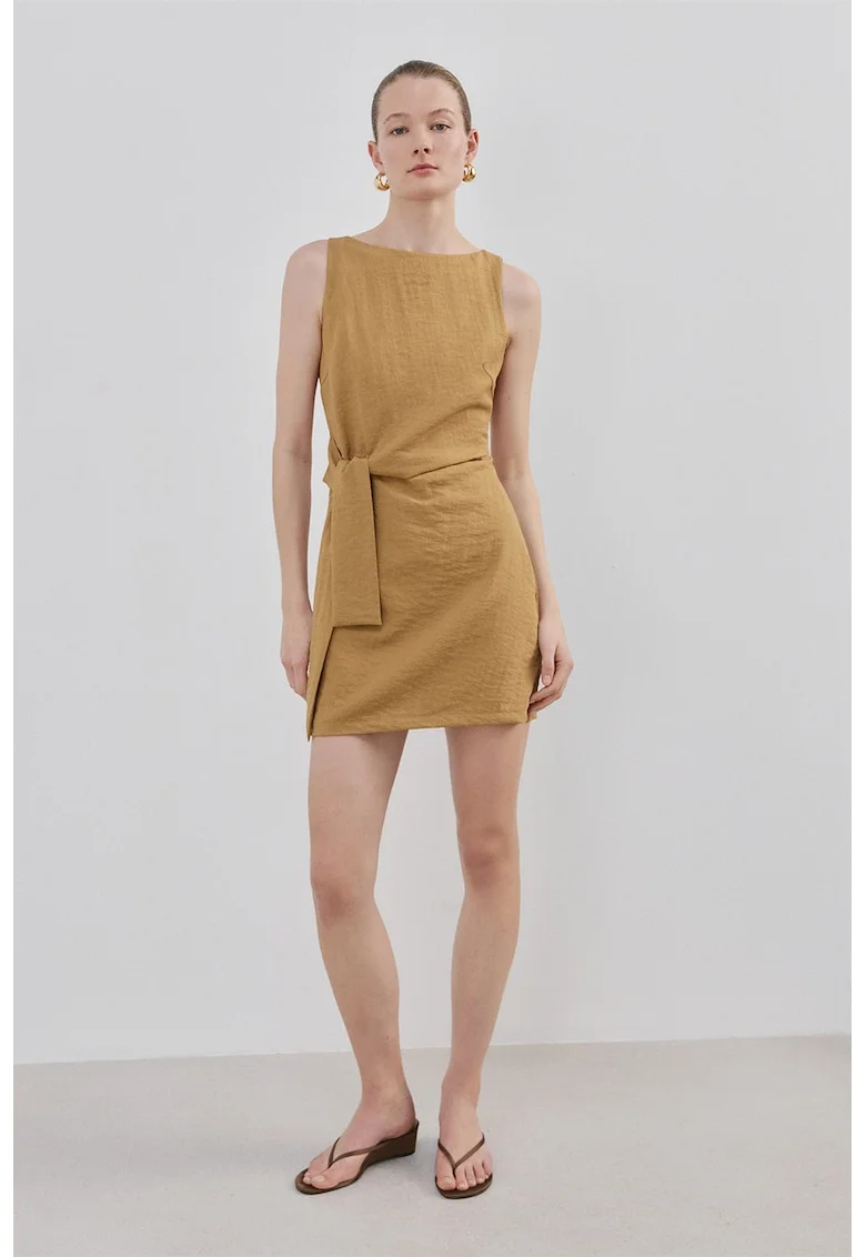 Rochie scurta cu detaliu funda lateral, Maro deschis