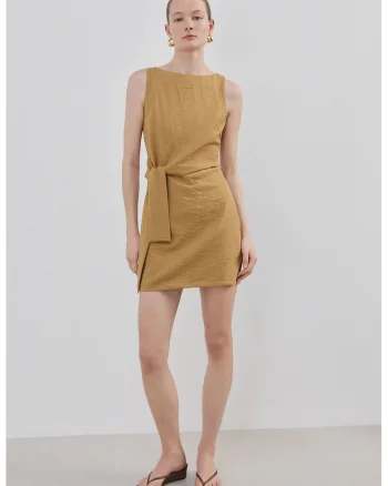 Rochie scurta cu detaliu funda lateral, Maro deschis