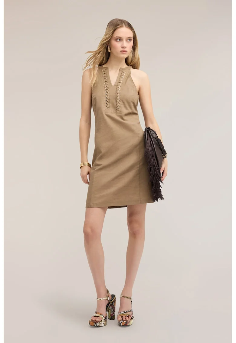 Rochie scurta din in si bumbac, fara maneci, Maro deschis