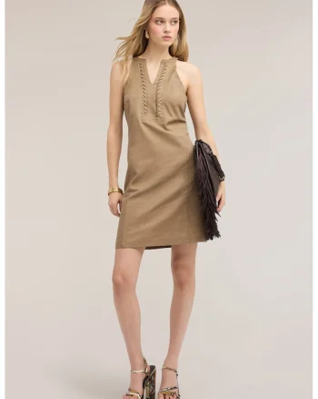 Rochie scurta din in si bumbac, fara maneci, Maro deschis