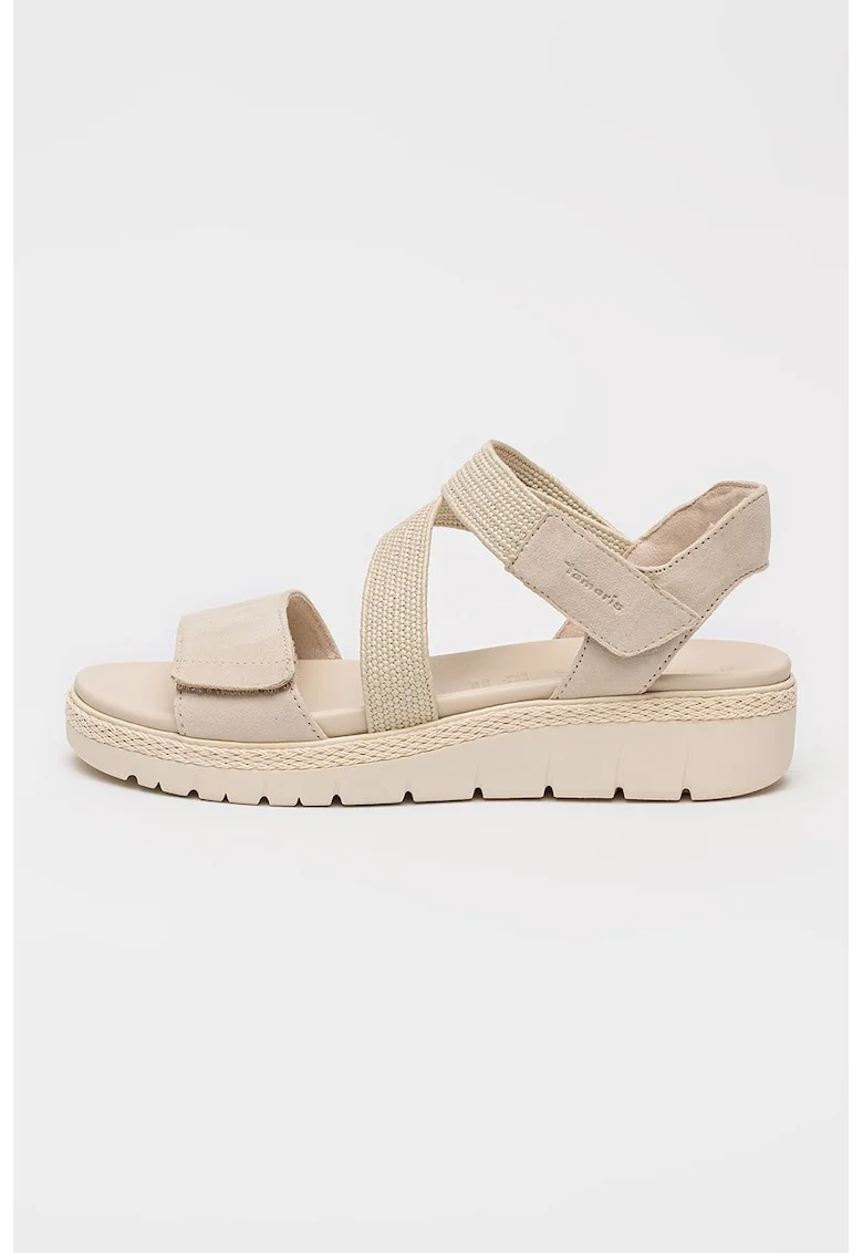 Sandale cu velcro si detalii de piele intoarsa, Bej sampanie