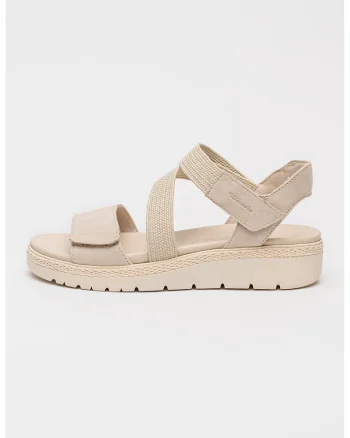 Sandale cu velcro si detalii de piele intoarsa, Bej sampanie