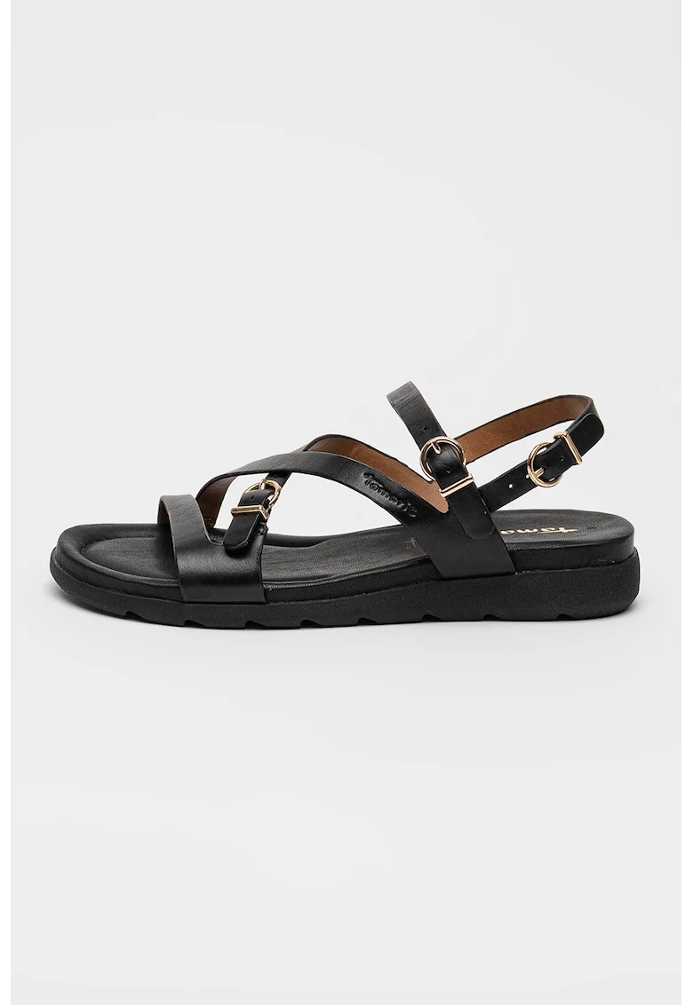 Sandale wedge din piele cu catarame, Negru