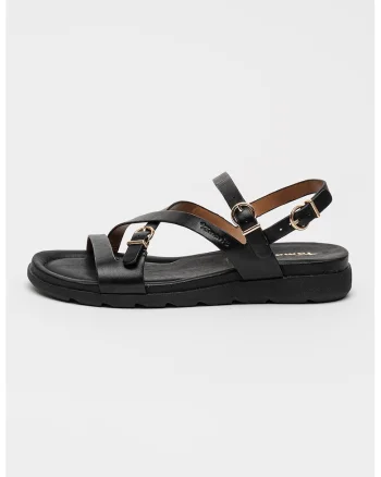 Sandale wedge din piele cu catarame, Negru
