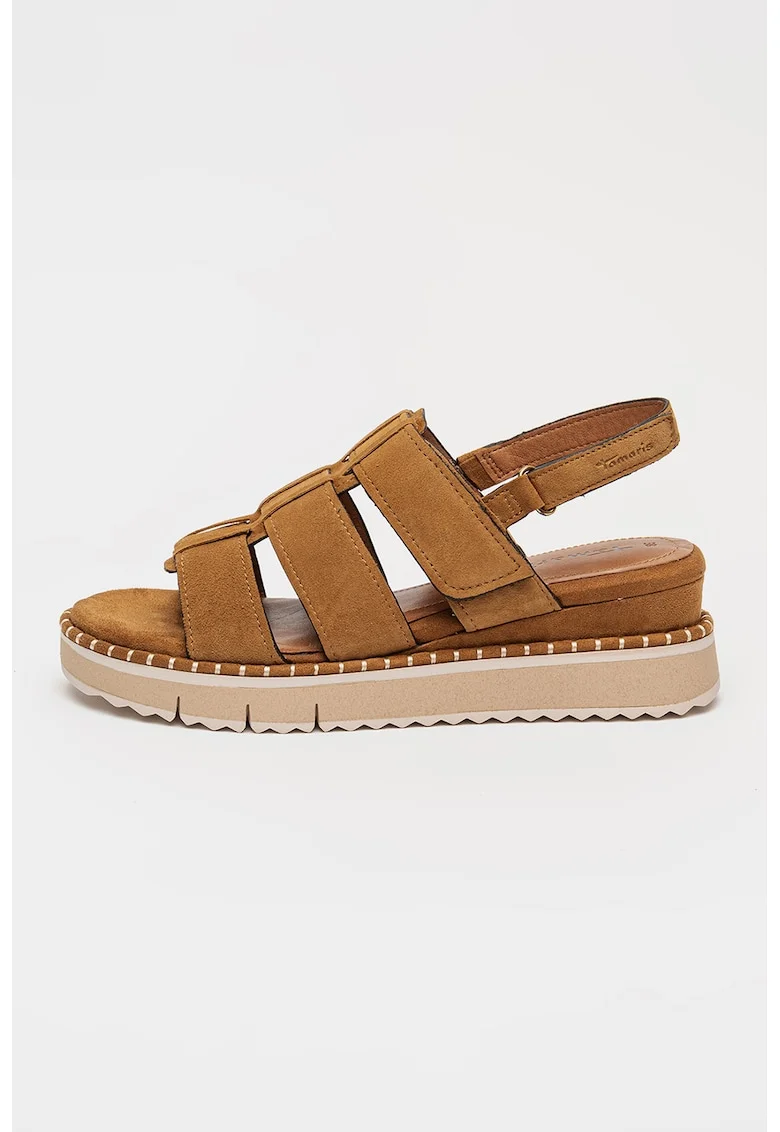 Sandale wedge de piele intoarsa cu velcro, Maro camel