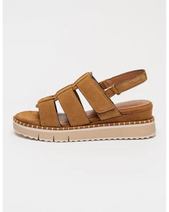 Sandale wedge de piele intoarsa cu velcro, Maro camel