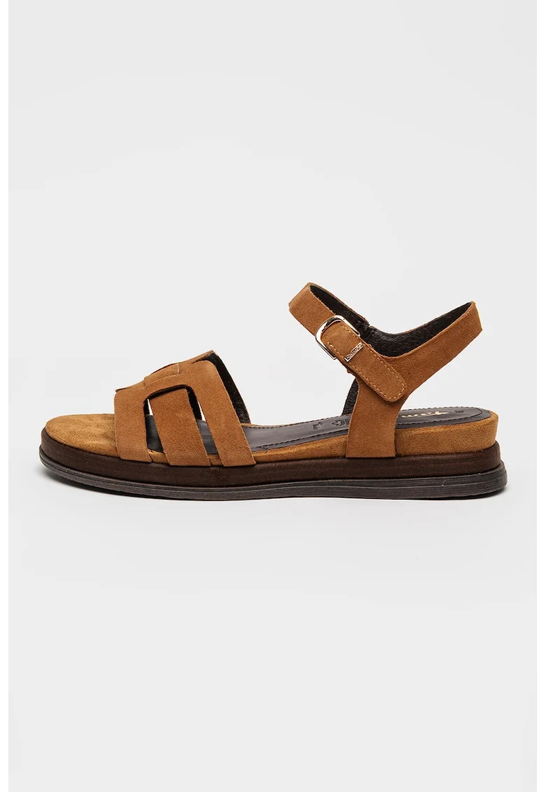 Sandale din piele intoarsa cu catarama, Maro camel