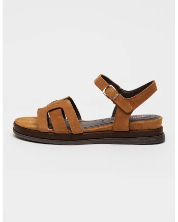 Sandale din piele intoarsa cu catarama, Maro camel
