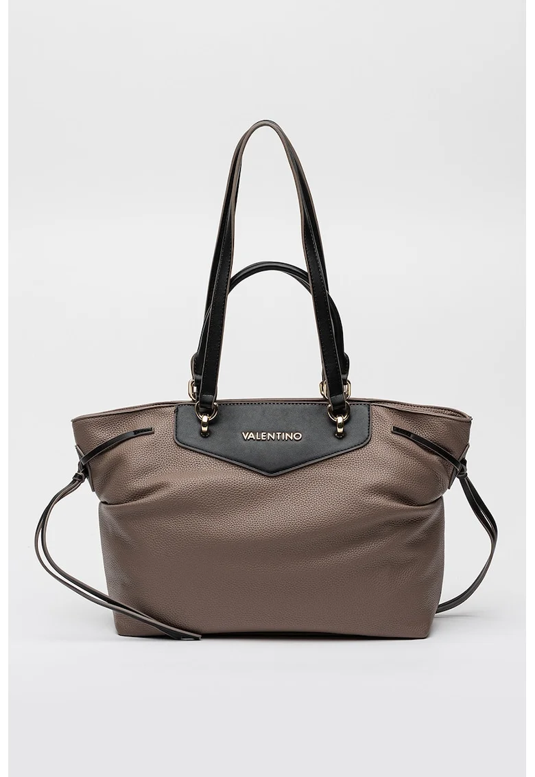 Geanta shopper din piele ecologica cu logo metalic, Maro taupe